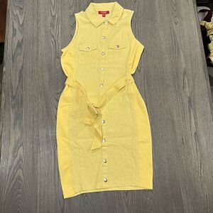 Sleeveless Yellow Button-Front Shirt Dress with Belt